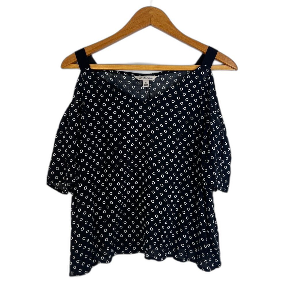 Calvin Klein Floral Print‎ Cut Out Shoulder Blouse Short Sleeve Pattern Size MD